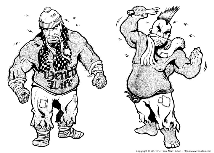 Black and white inked version of Two Dwarf Killerbeards illustrated by Von Allan
