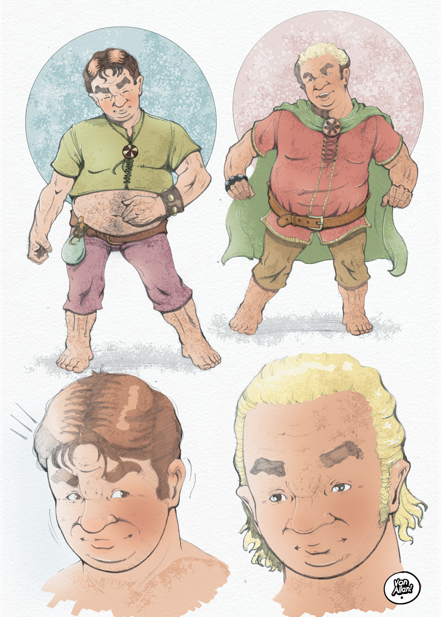 Pencil sketch combined with full colours of a group of happy halflings by Von Allan