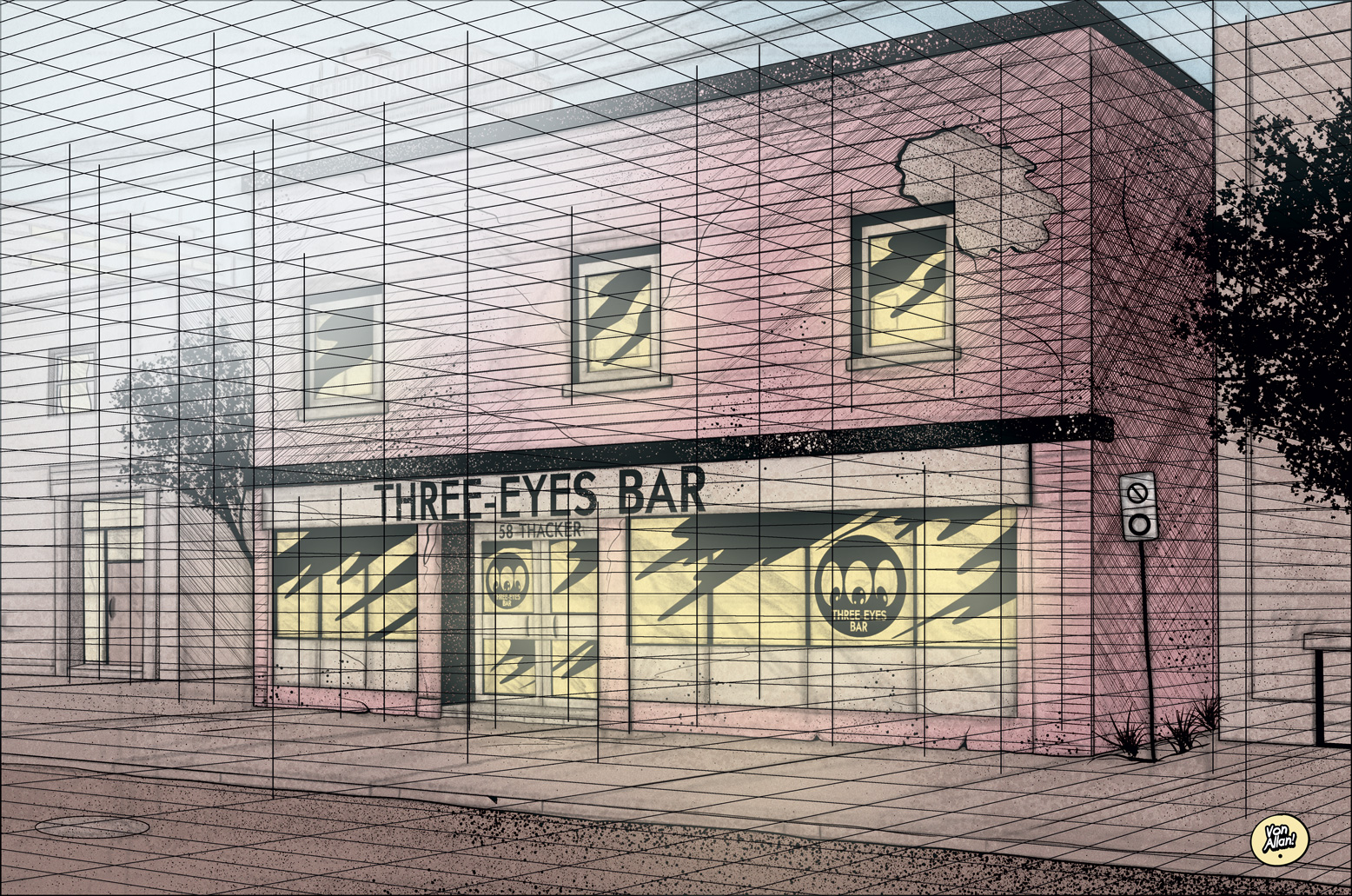 Sketch of Three-Eyes Bar by Von Allan