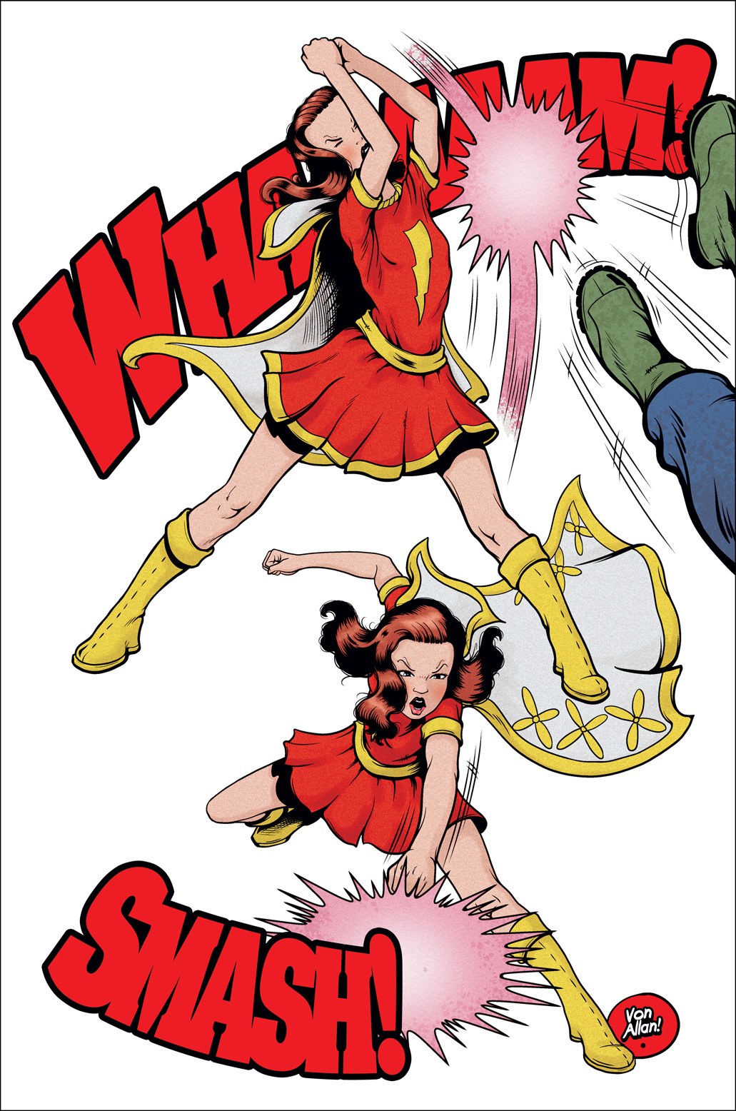 Mary Marvel in two different action shots by illustrator Von Allan