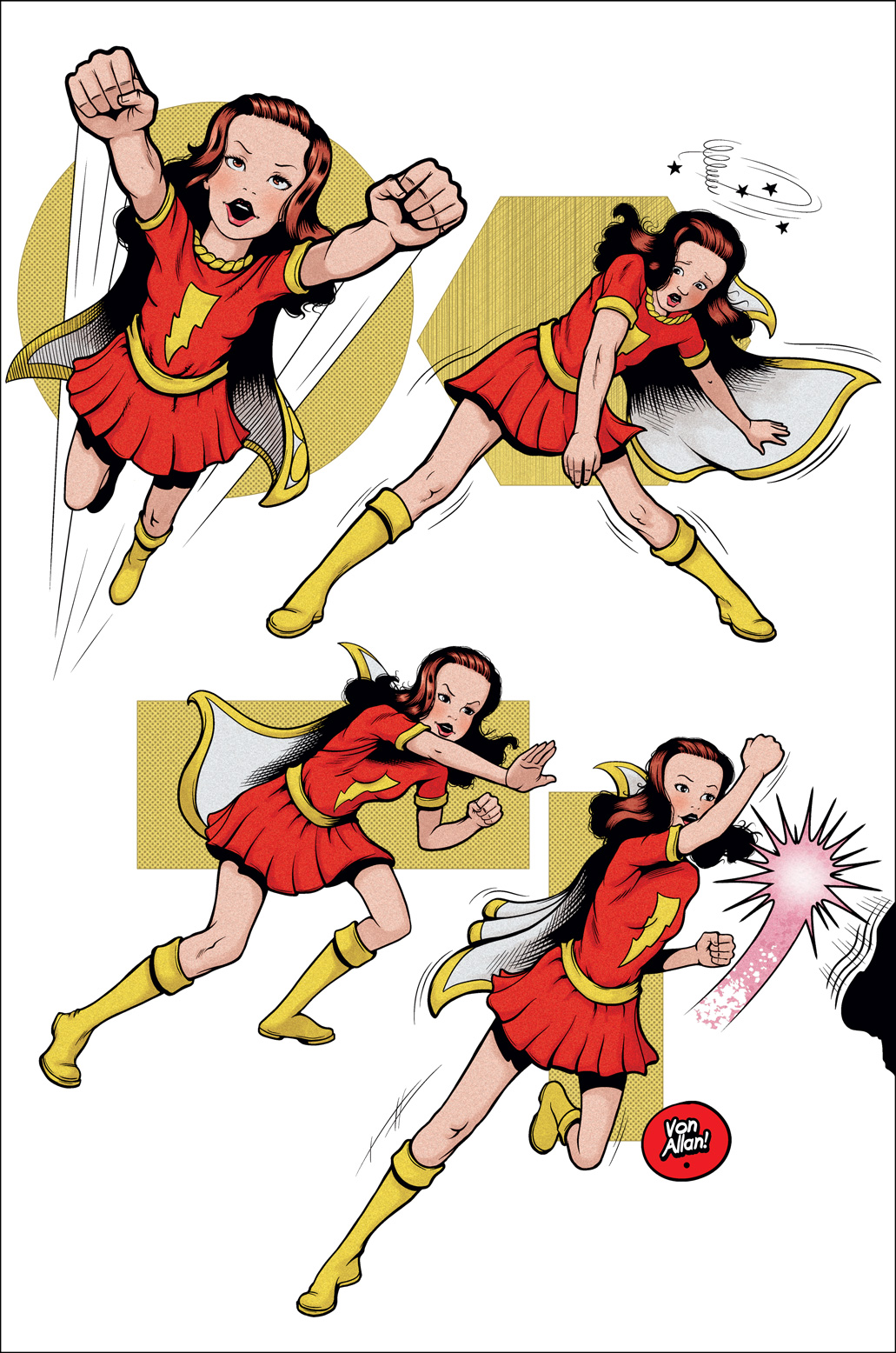 Mary Marvel in four different action poses by illustrator Von Allan