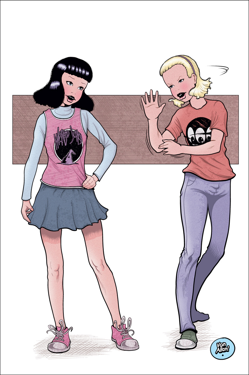 Illustration of two 'tween girls chit-chatting and goofing around by Von Allan