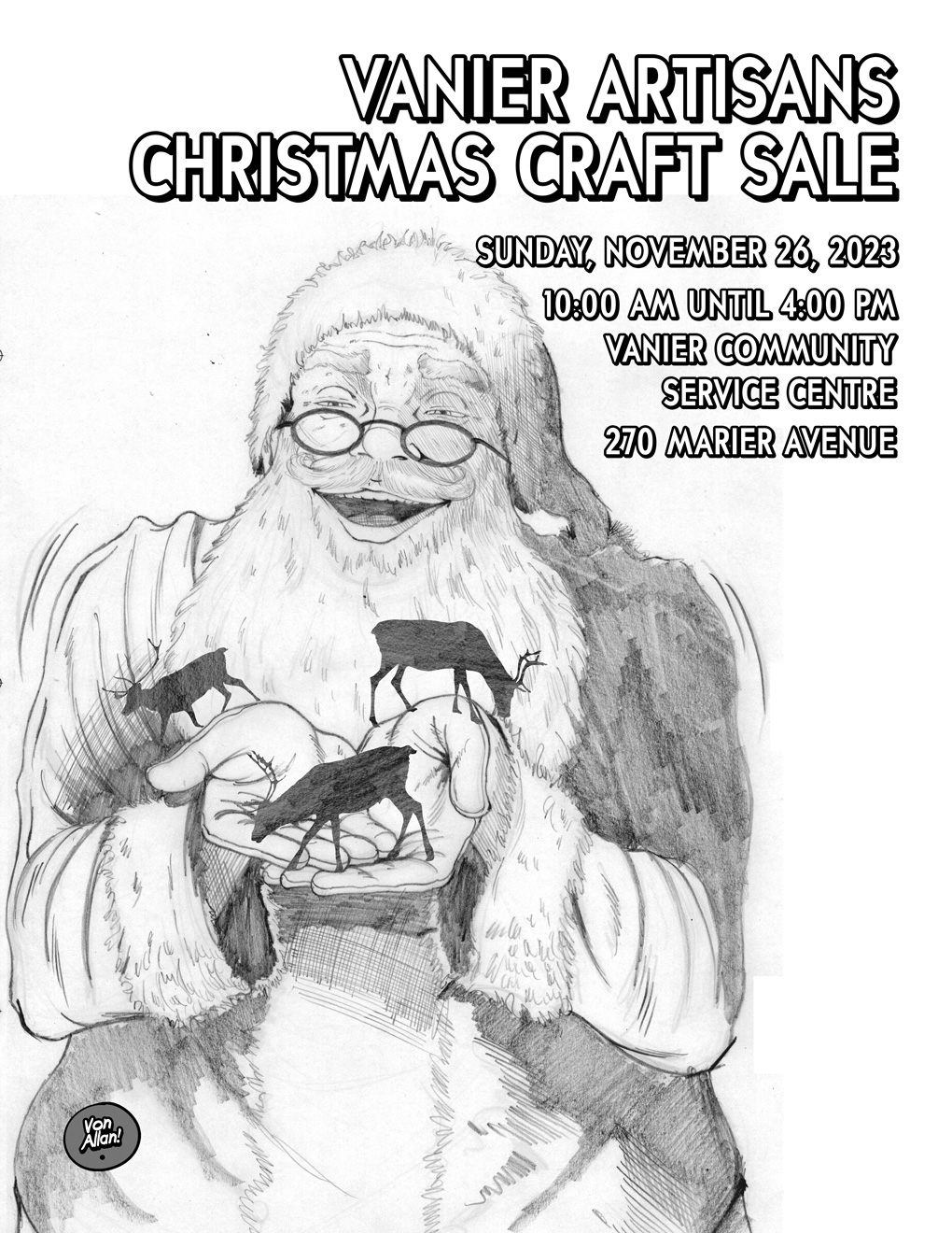 Pencil version of the Vanier Artisans 2023 Christmas Craft Sale Poster by Von Allan