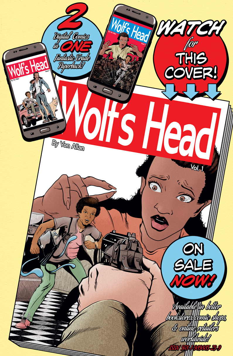 Wolf's Head Volume 1 teaser image featuring the cover of Volume 1 as well as the covers for issues 1 and 2 of the ongoing comic book series