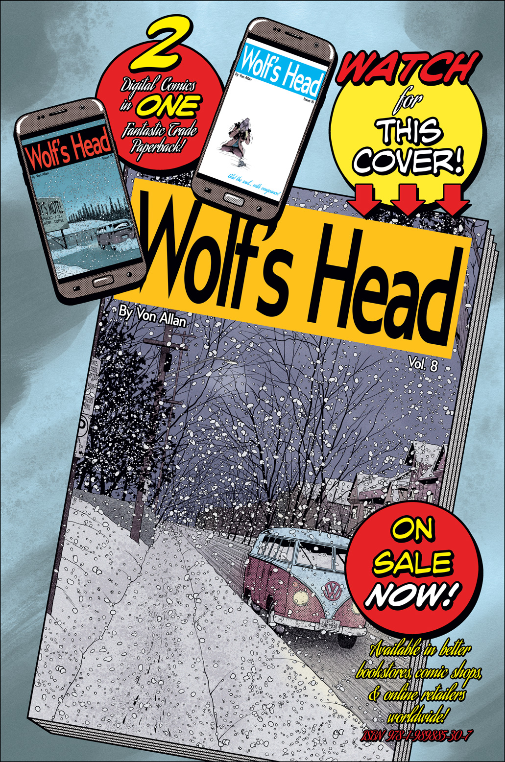 Wolf's Head Volume 8 teaser image featuring the cover of Volume 8 as well as the covers for issues 15 and 16 of the ongoing digital comic book series