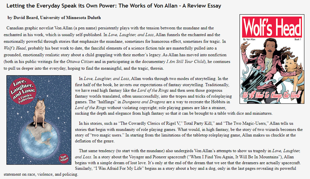 Screenshot of David Beard's wonderful reviews of Von Allan's comics and graphic novels