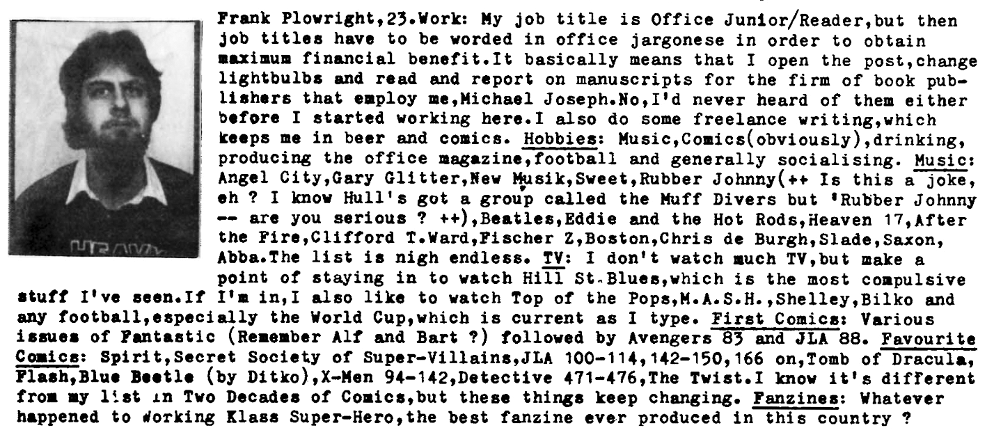 Frank Plowright profile, taken from Dan Slingsby's fanzine Black and White #3