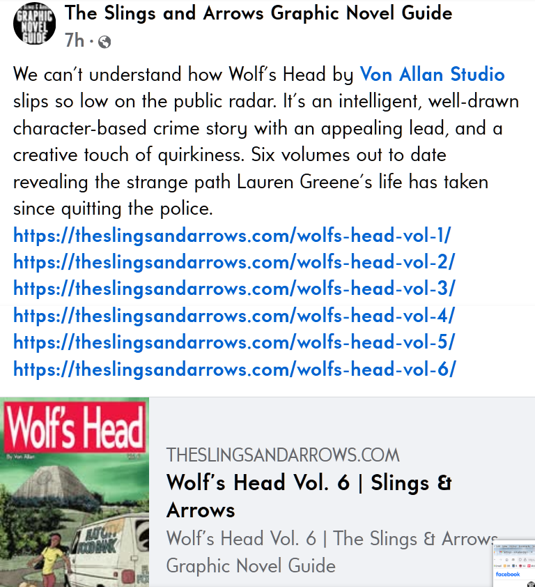 Slings & Arrows Facebook comment about Von Allan's Wolf's Head graphic novel series
