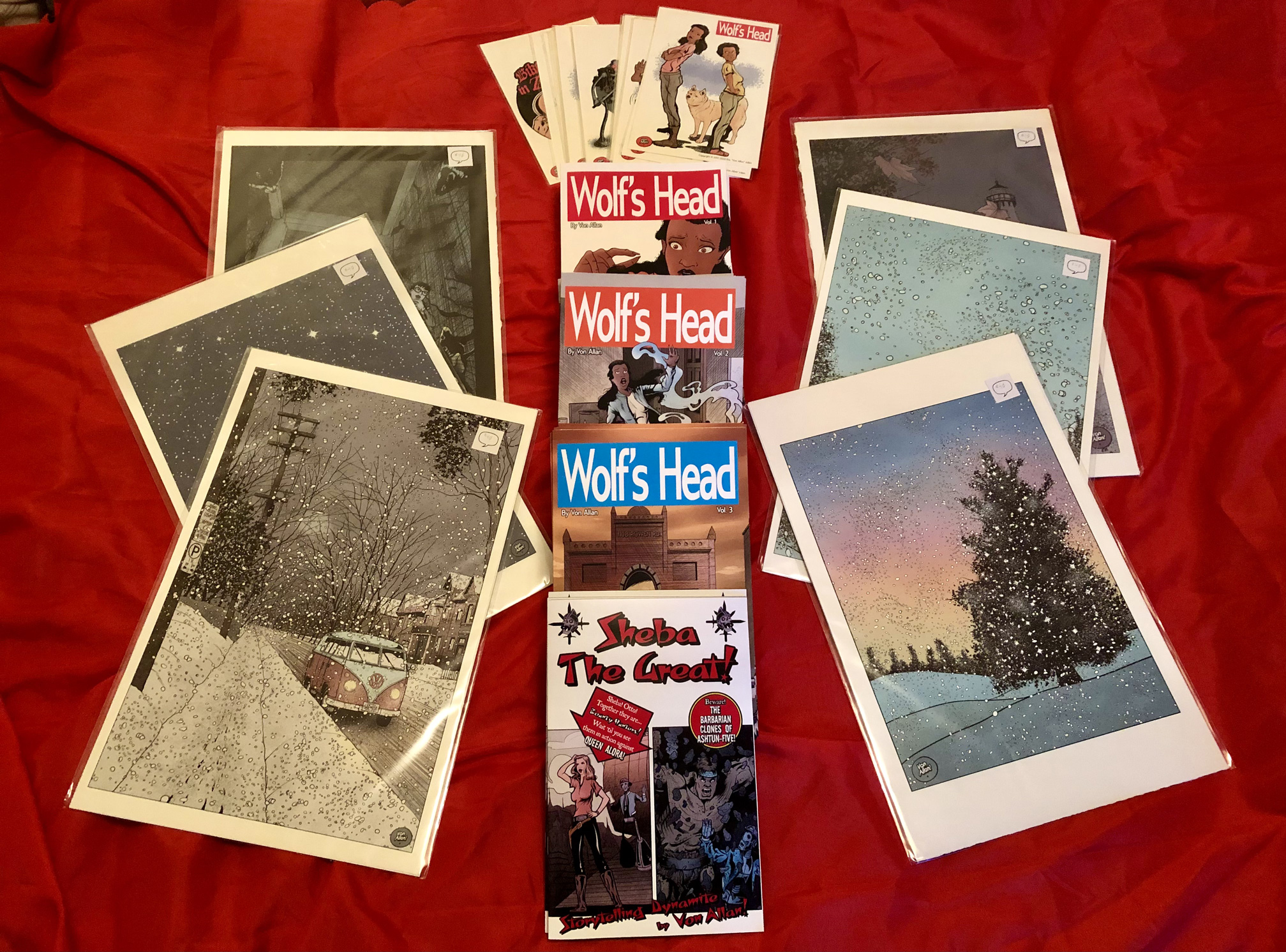 Various art prints, comics, and graphic novels by Von Allan